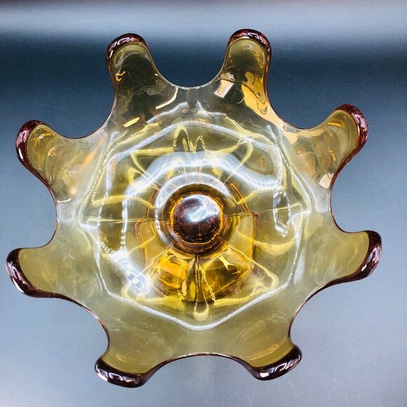 Mid Century Amber Art Glass Pedestal Compote 8 petals Vintage Bowl Centerpiece - Picture 4 of 10